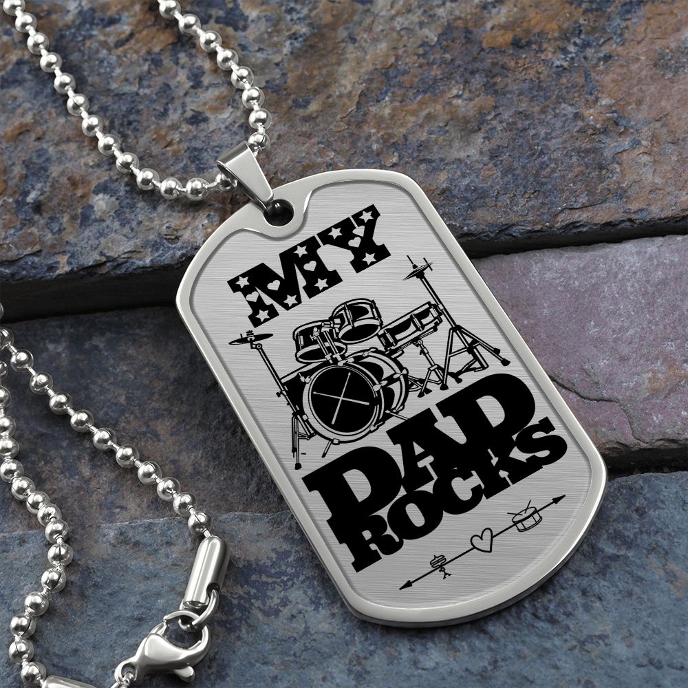 My Dad Rocks Drumkit Dog Tag Necklace for Drummer Dad | Military Style Necklace SDT-DTD-0115