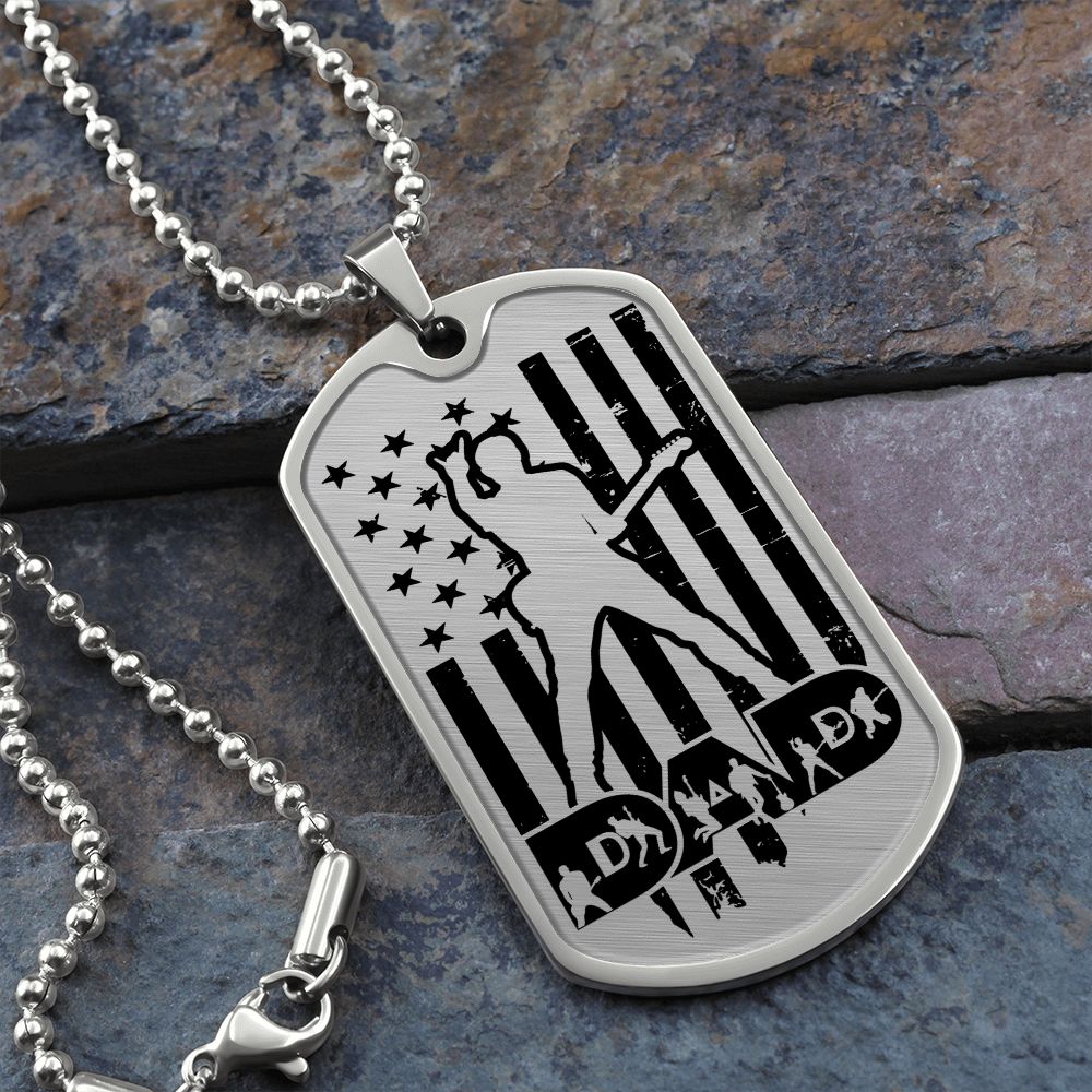 Dad Text with Guitarist Figures, USA Flag, Guitarist Outline Dog Tag Necklace for Guitarist | Military Style Necklace SDT-DTD-0109