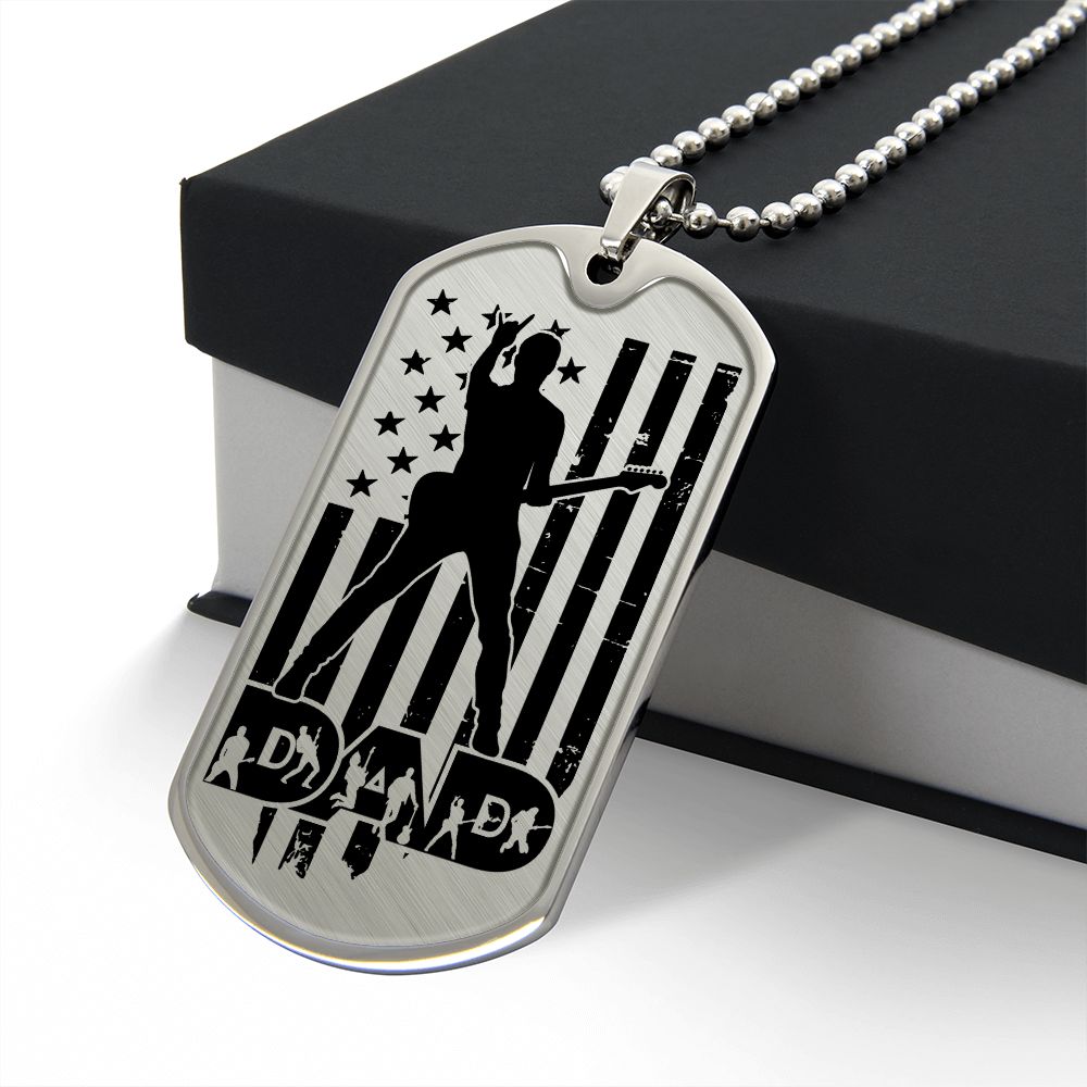 Dad Text with Guitarist Figures, USA Flag, Guitarist Silhouette Dog Tag Necklace for Guitarist | Military Style Necklace SDT-DTD-0111