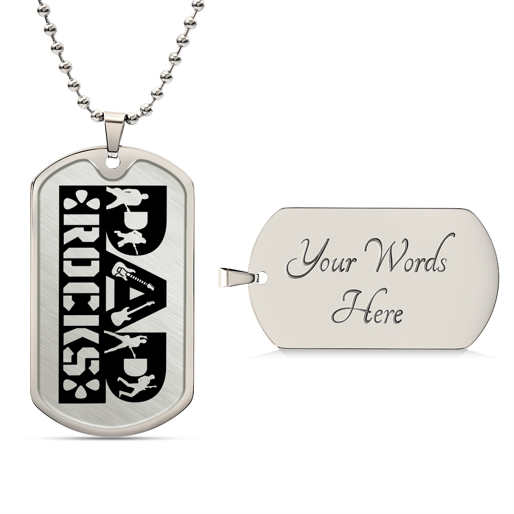 Dad Rocks Text with Guitarist Figures Dog Tag Necklace for Guitarist | Military Style Necklace SDT-DTD-0114