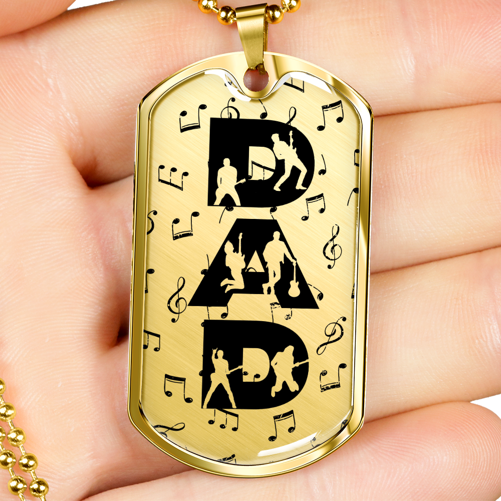 Dad Text with Guitarist Figures and Music Notes Dog Tag Necklace for Guitarist | Military Style Necklace SDT-DTD-0106