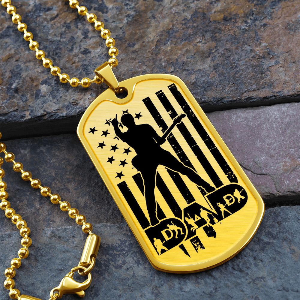 Dad Text with Guitarist Figures, USA Flag, Guitarist Silhouette Dog Tag Necklace for Guitarist | Military Style Necklace SDT-DTD-0111