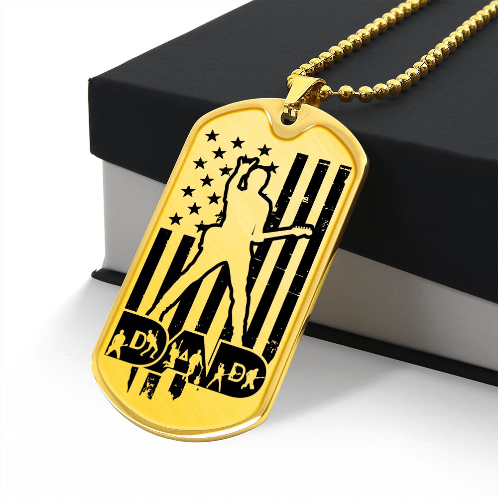 Dad Text with Guitarist Figures, USA Flag, Guitarist Outline Dog Tag Necklace for Guitarist | Military Style Necklace SDT-DTD-0109