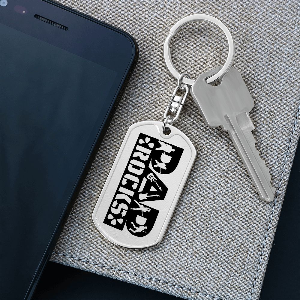 Dad Rocks Text with Guitarist Figures Dog Tag Keychain for Guitarist | Military Style Keychain SDT-DTK-0114