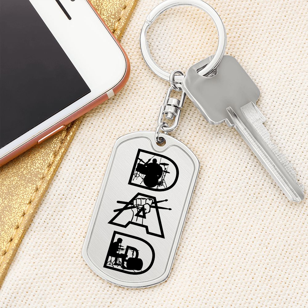 Dad Text with Drummer Figures Dog Tag Keychain for Drummer | Military Style Keychain SDT-DTK-0117