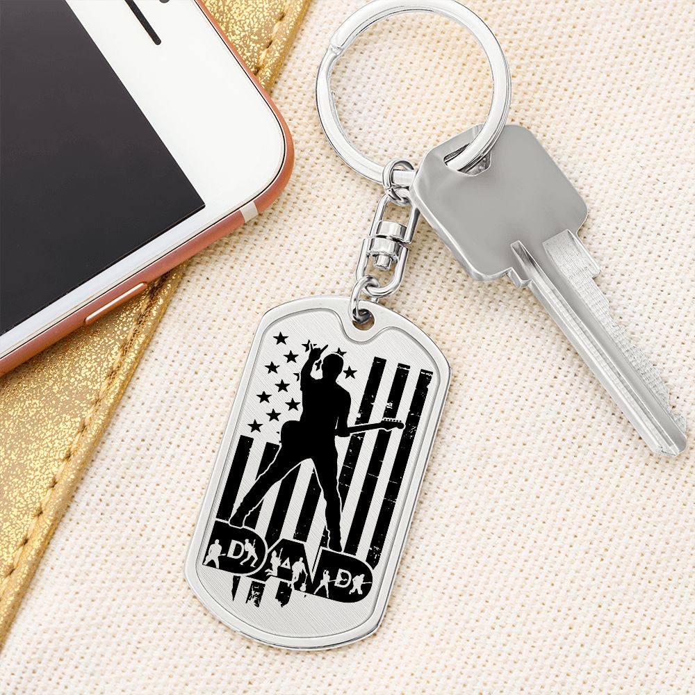 Dad Text with Guitarist Figures, USA Flag, Guitarist Silhouette Dog Tag Keychain for Guitarist| Military Style Keychain SDT-DTK-0111
