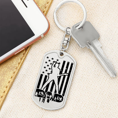 Dad Text with Guitarist Figures, USA Flag, Guitarist Outline Dog Tag Keychain for Guitarist | Military Style Keychain SDT-DTK-0109
