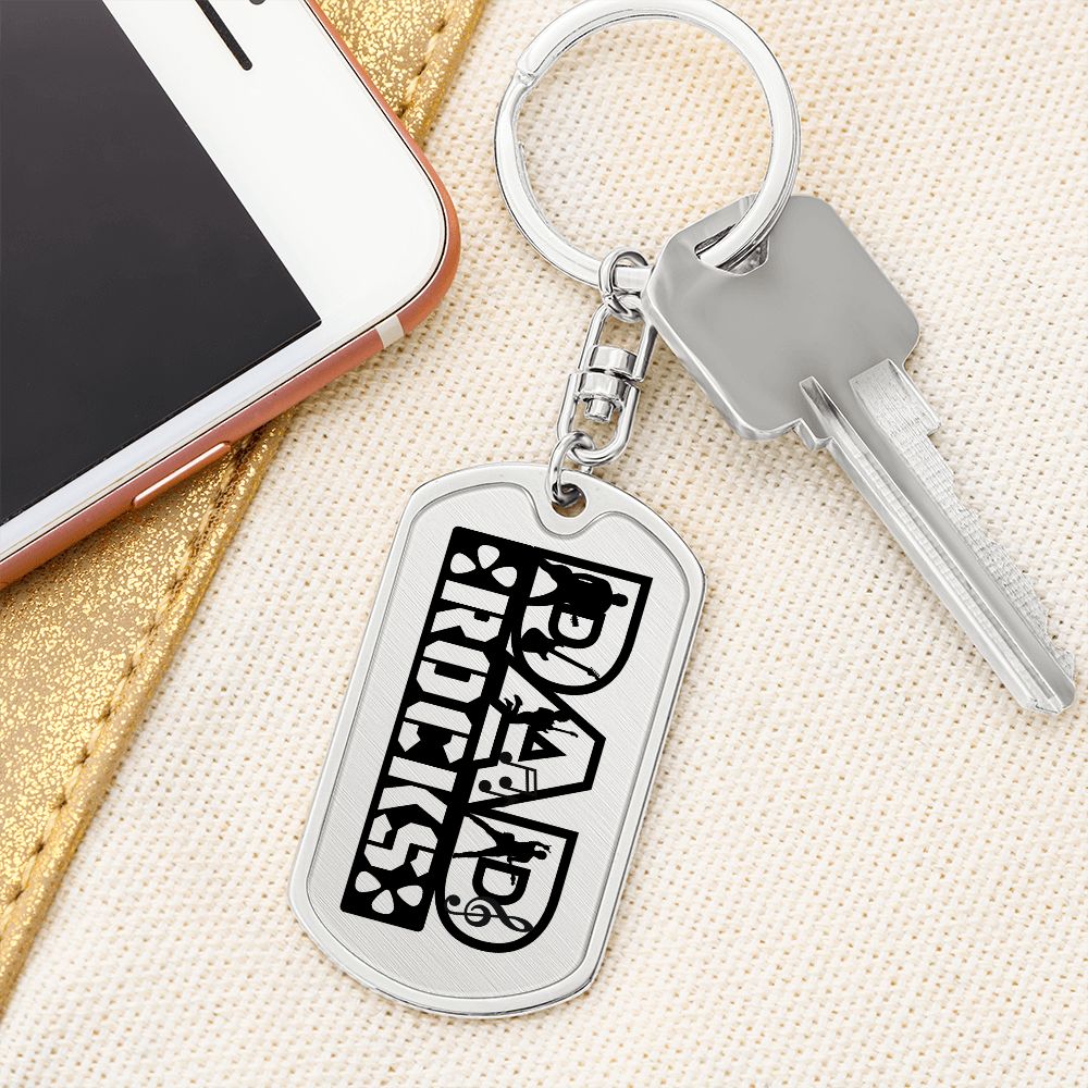 Dad Rocks Text with Guitarist Figures Dog Tag Keychain for Guitarist | Military Style Keychain SDT-DTK-0113