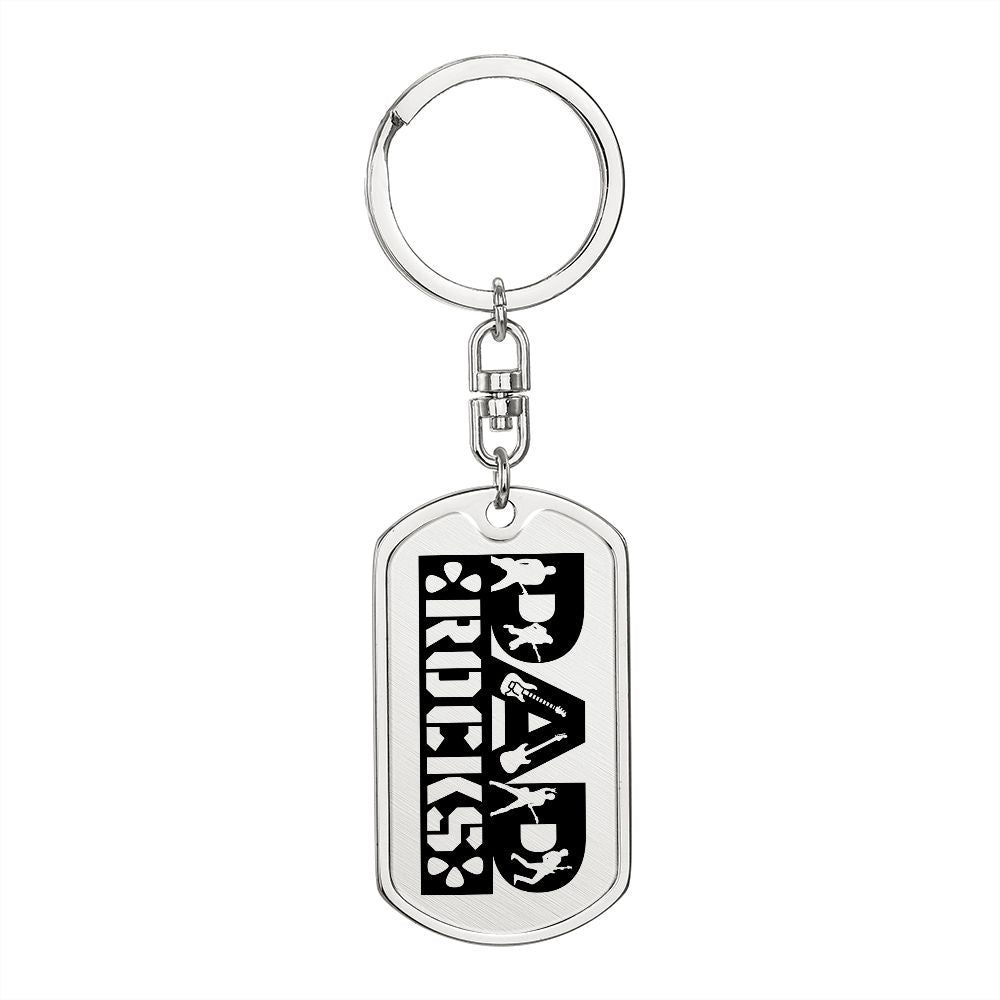 Dad Rocks Text with Guitarist Figures Dog Tag Keychain for Guitarist | Military Style Keychain SDT-DTK-0114