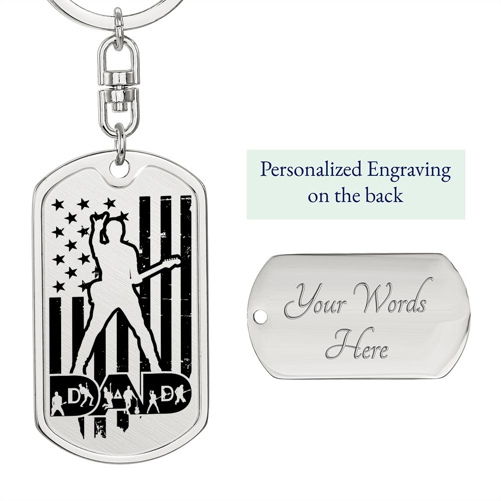 Dad Text with Guitarist Figures, USA Flag, Guitarist Outline Dog Tag Keychain for Guitarist | Military Style Keychain SDT-DTK-0109