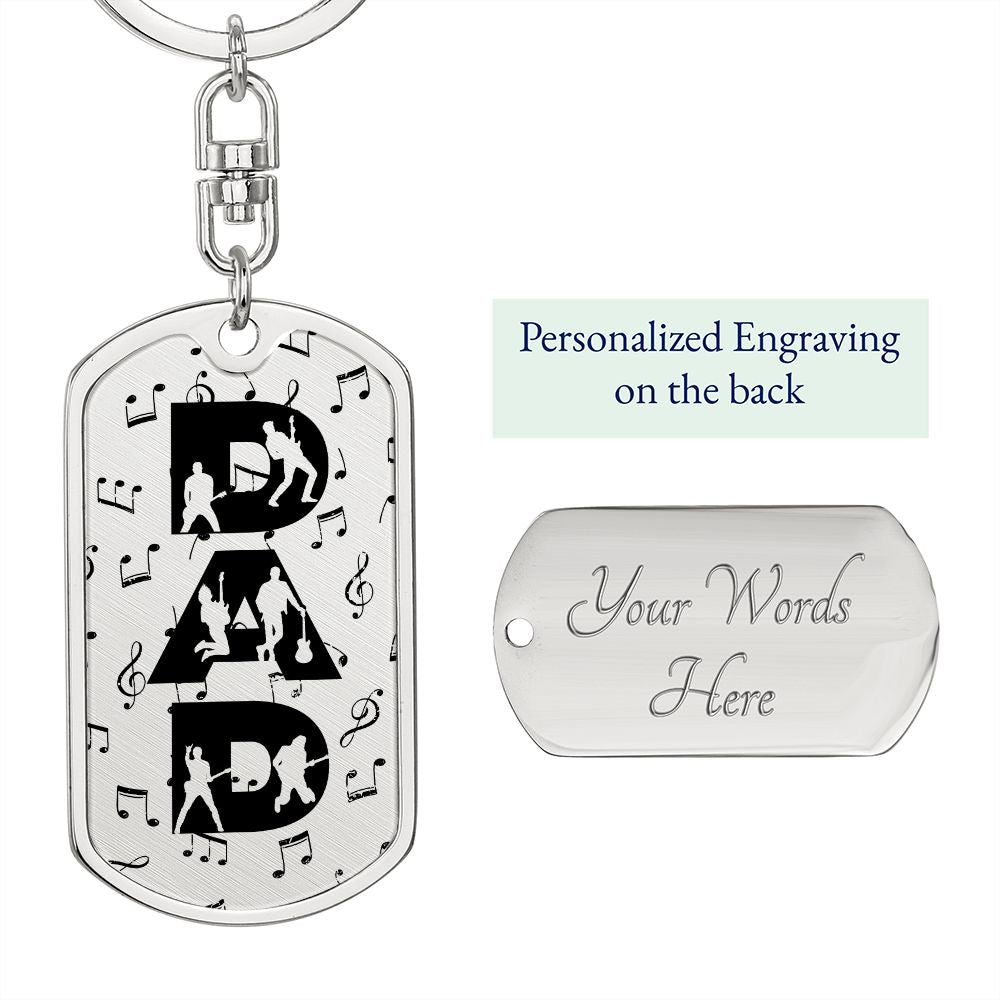 Dad Text with Guitarist Figures and Music Notes Dog Tag Keychain for Guitarist | Military Style Keychain SDT-DTK-0106