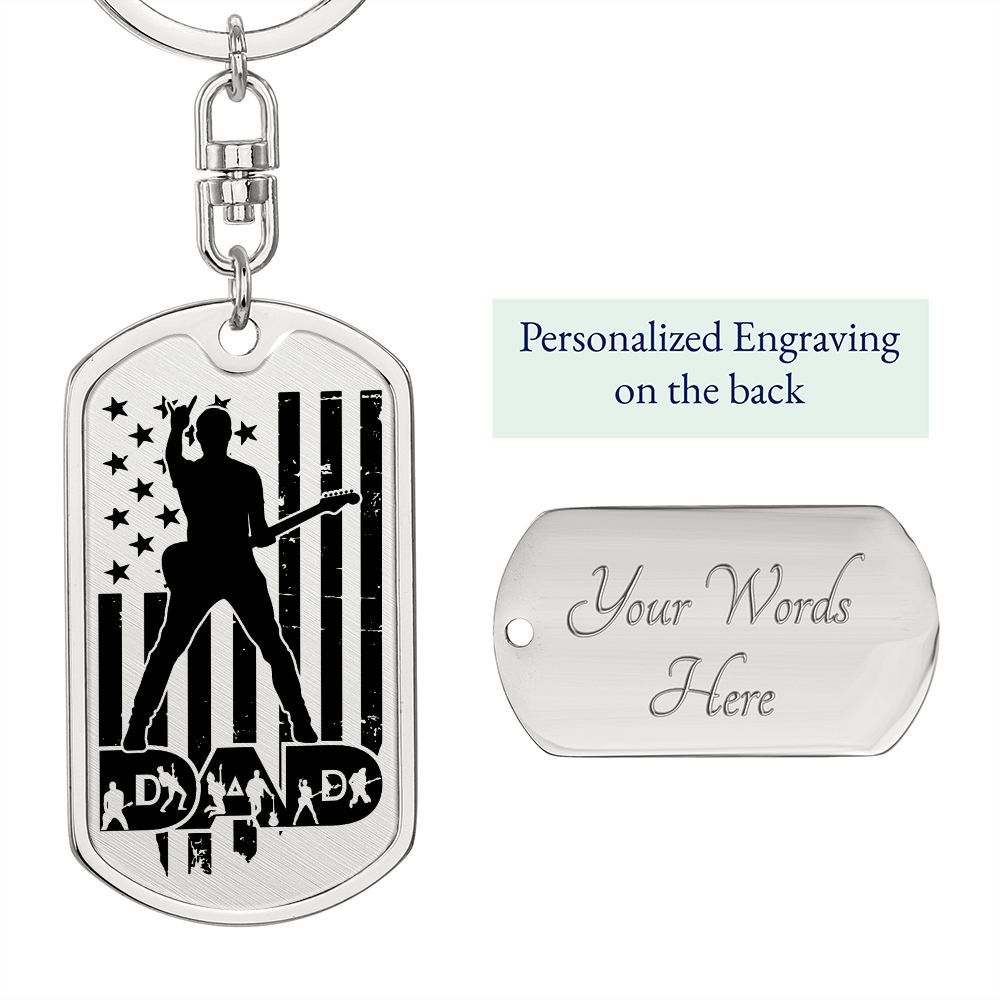 Dad Text with Guitarist Figures, USA Flag, Guitarist Silhouette Dog Tag Keychain for Guitarist| Military Style Keychain SDT-DTK-0111
