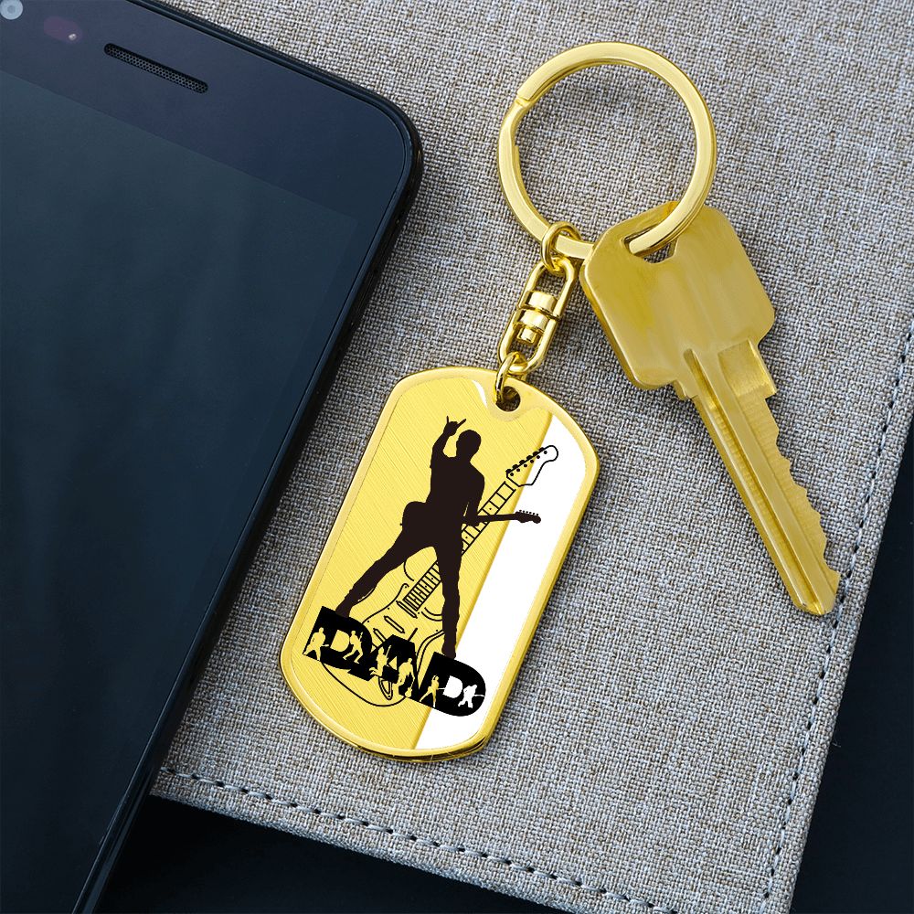 Dad Text with Guitarist Figures, Guitar Dog Tag Keychain for Guitarist | Military Style Keychain SDT-DTK-0112