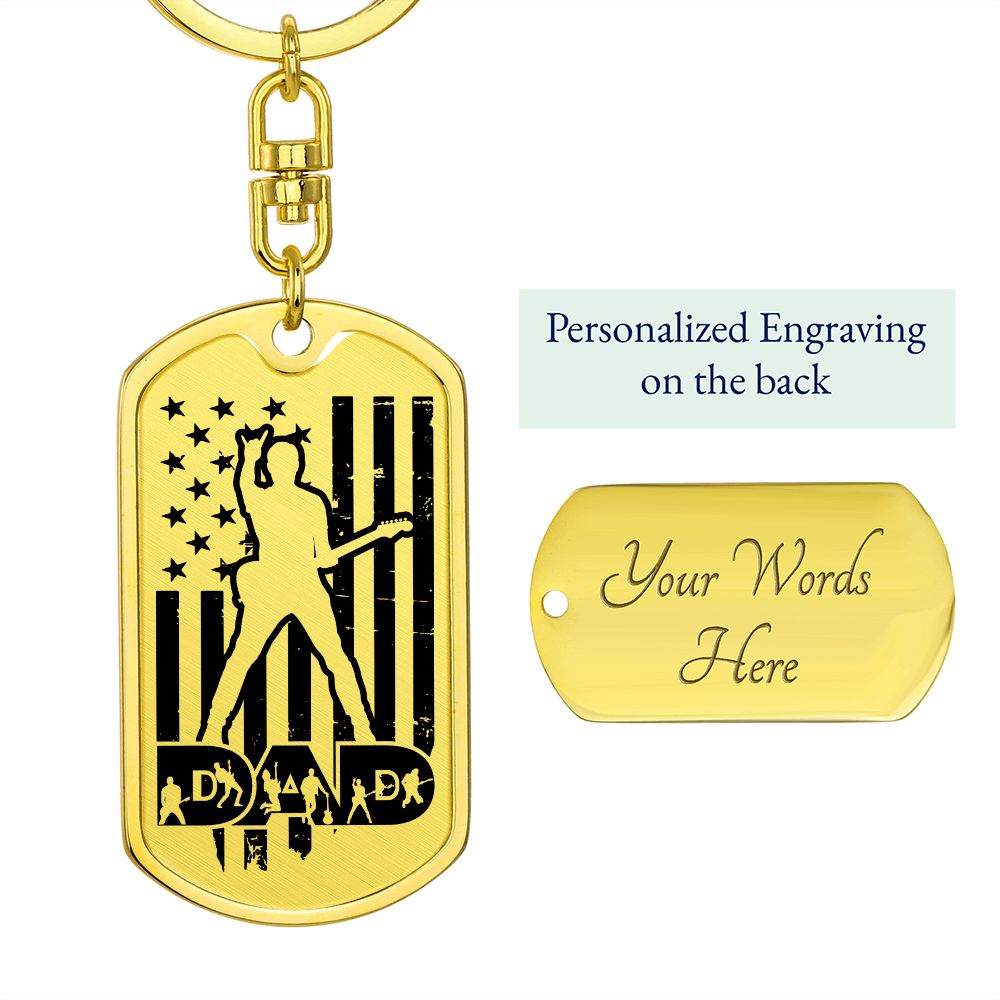 Dad Text with Guitarist Figures, USA Flag, Guitarist Outline Dog Tag Keychain for Guitarist | Military Style Keychain SDT-DTK-0109