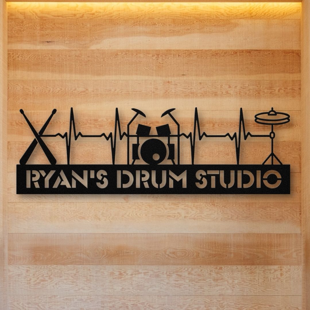 custom metal wall sign drumkit drumsticks with name for drummer - personalized drummer sign