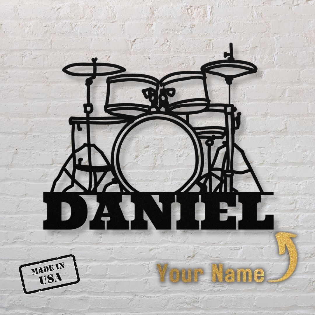 custom metal wall sign drumkit with name for drummer - personalized black drummer sign 