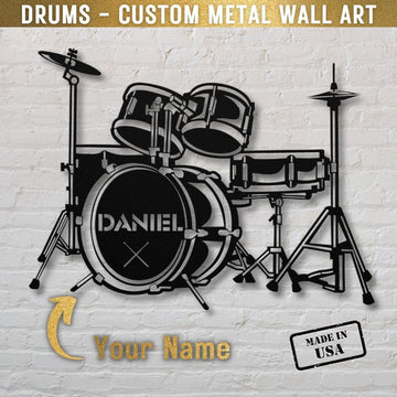 custom metal wall sign drumkit with name for drummer - personalized drummer sign