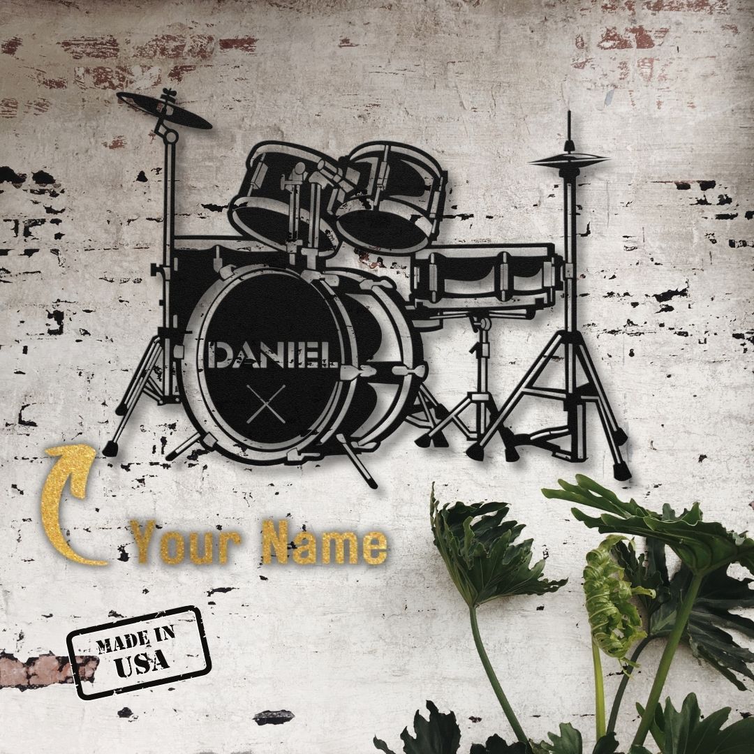custom metal wall sign drumkit with name for drummer - personalized drummer sign