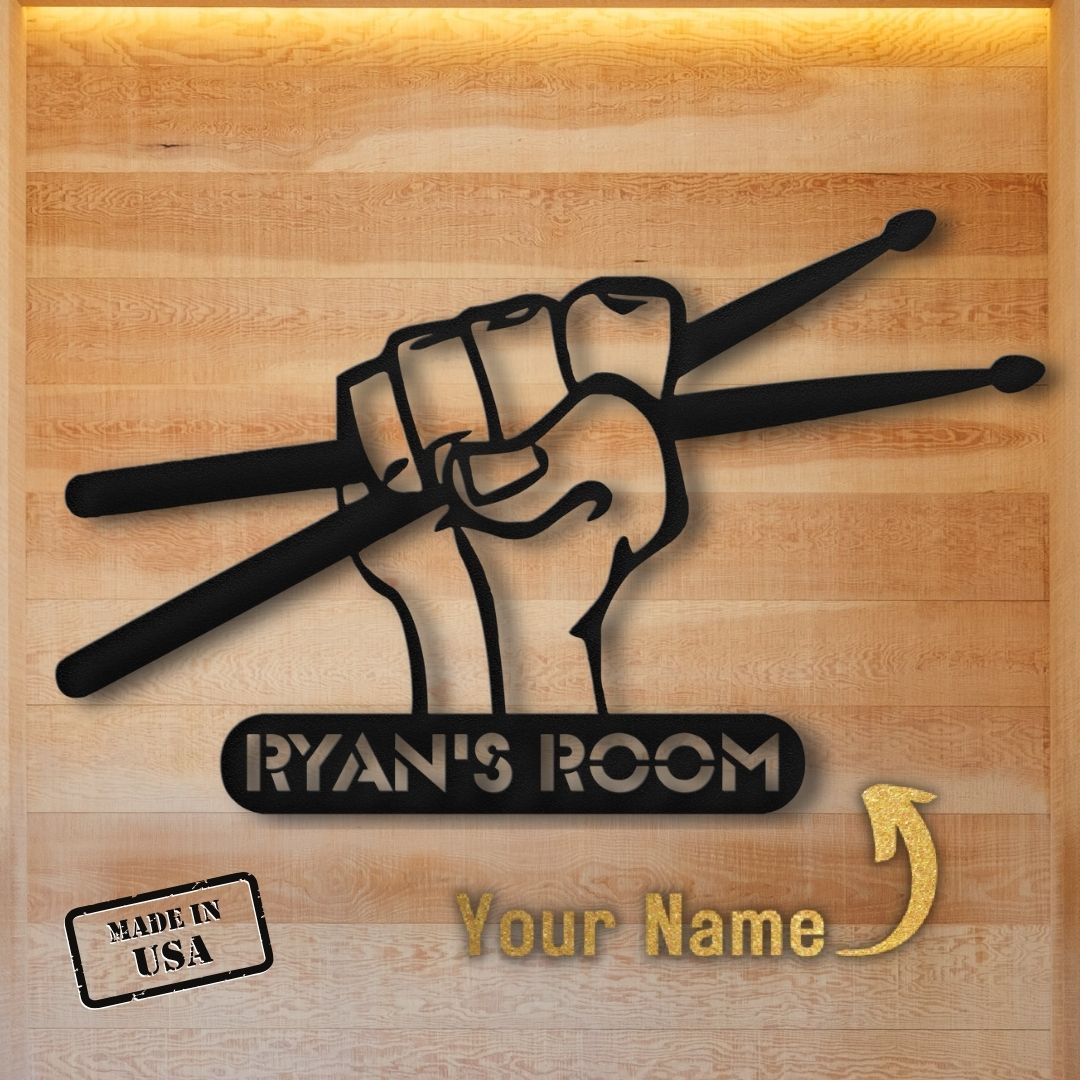 custom metal wall sign drumsticks with name for drummer - personalized drummer sign