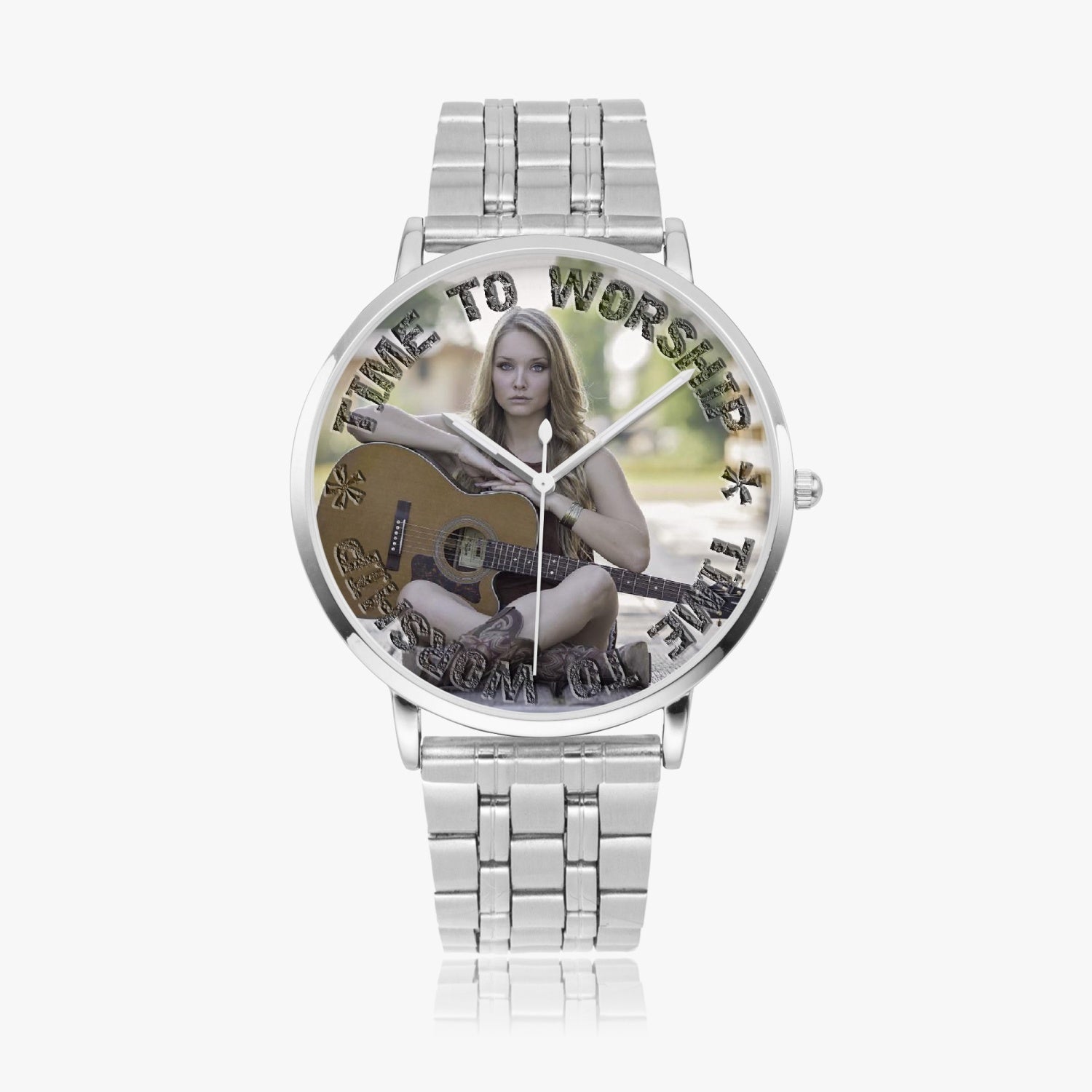 Time to Worship | Female Acoustic Guitarist | Steel Strap Quartz watch - Givtz Back