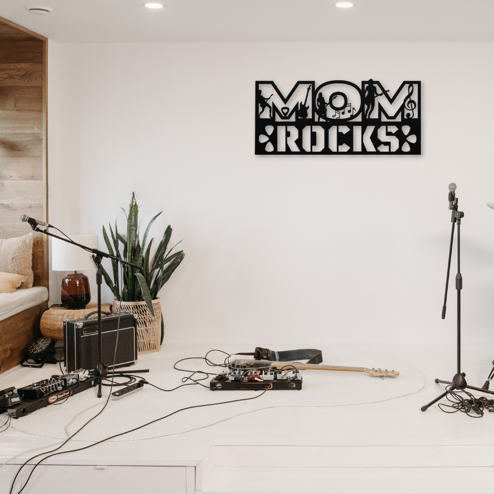 Mom Rocks Text Sign for Guitarist Mom | Metal Wall Art