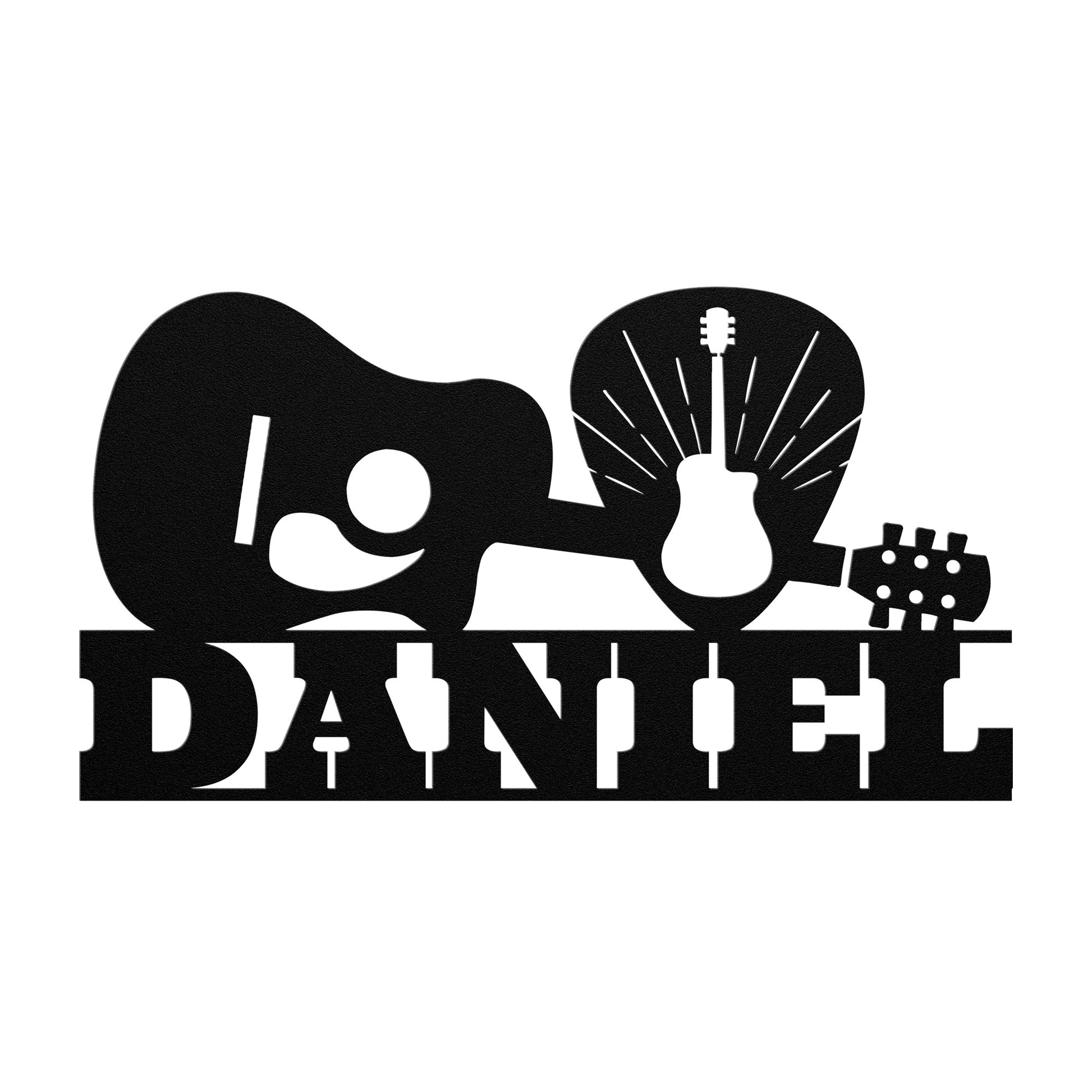 Custom music-themed Acoustic Guitar Wall Sign Custom Name for the music lover with the word "daniel" featuring a silhouette of an electric guitar and a lightbulb, symbolizing a blend of creativity and musical passion.