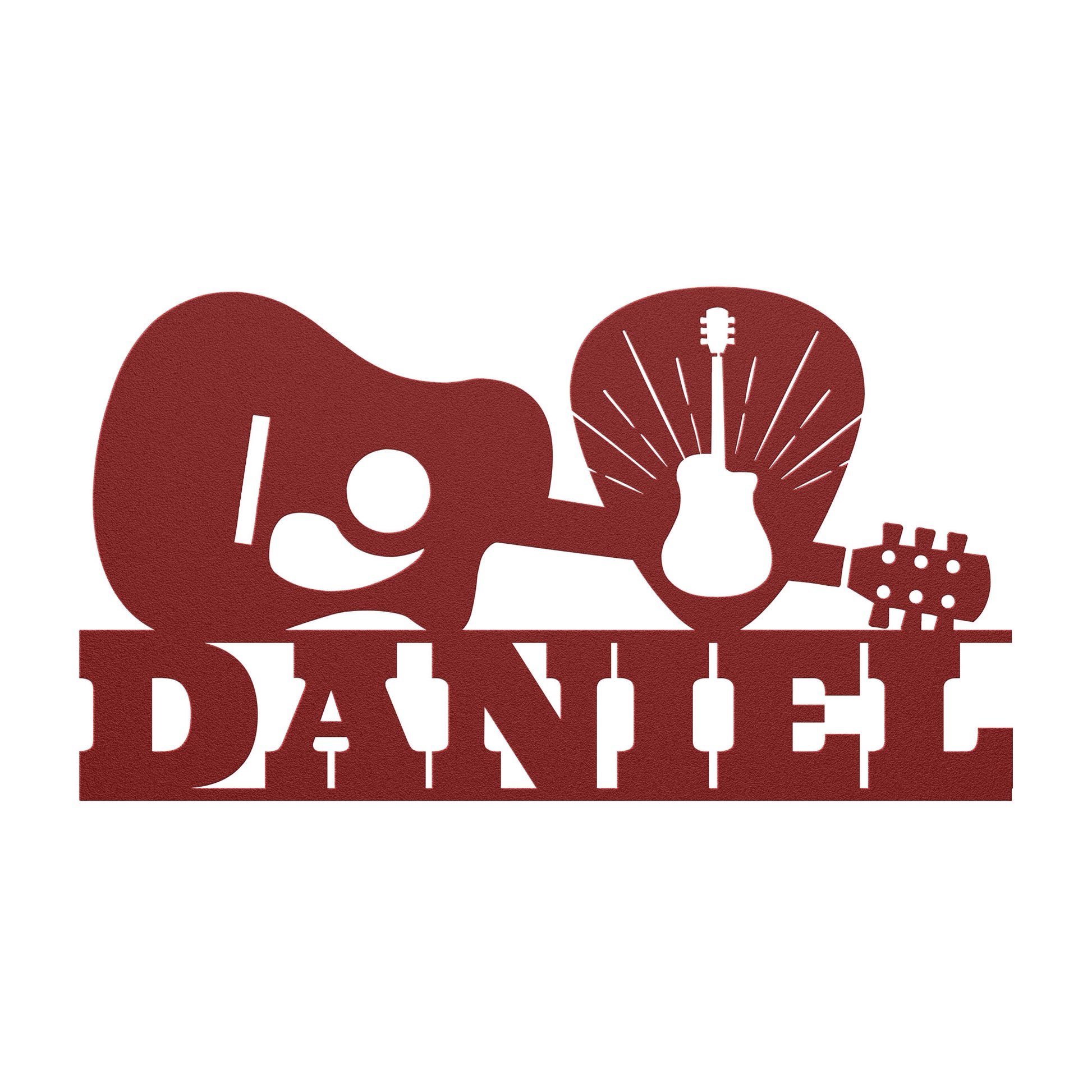 A personalized Acoustic Guitar Wall Sign Custom Name featuring the name 'Daniel' with themed graphics that include a guitar, a light bulb, and scientific elements, suggesting a blend of creativity, music, and innovation for the music.