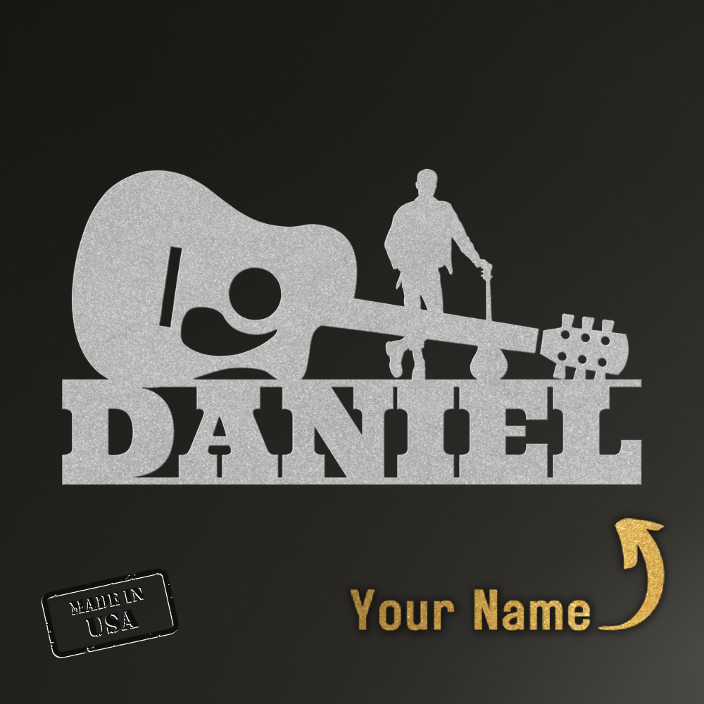 Personalized Acoustic Guitar with Guitarist Wall Sign Custom Name | Custom Metal Wall Art featuring a silhouette of a guitar player.