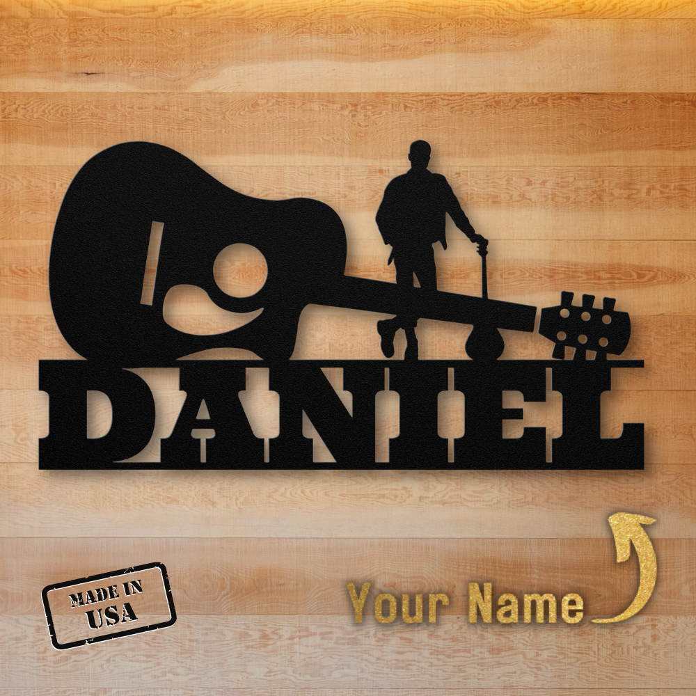 Customized Acoustic Guitar with Guitarist Wall Sign featuring the personalized name "Daniel" and proudly labeled "made in USA.