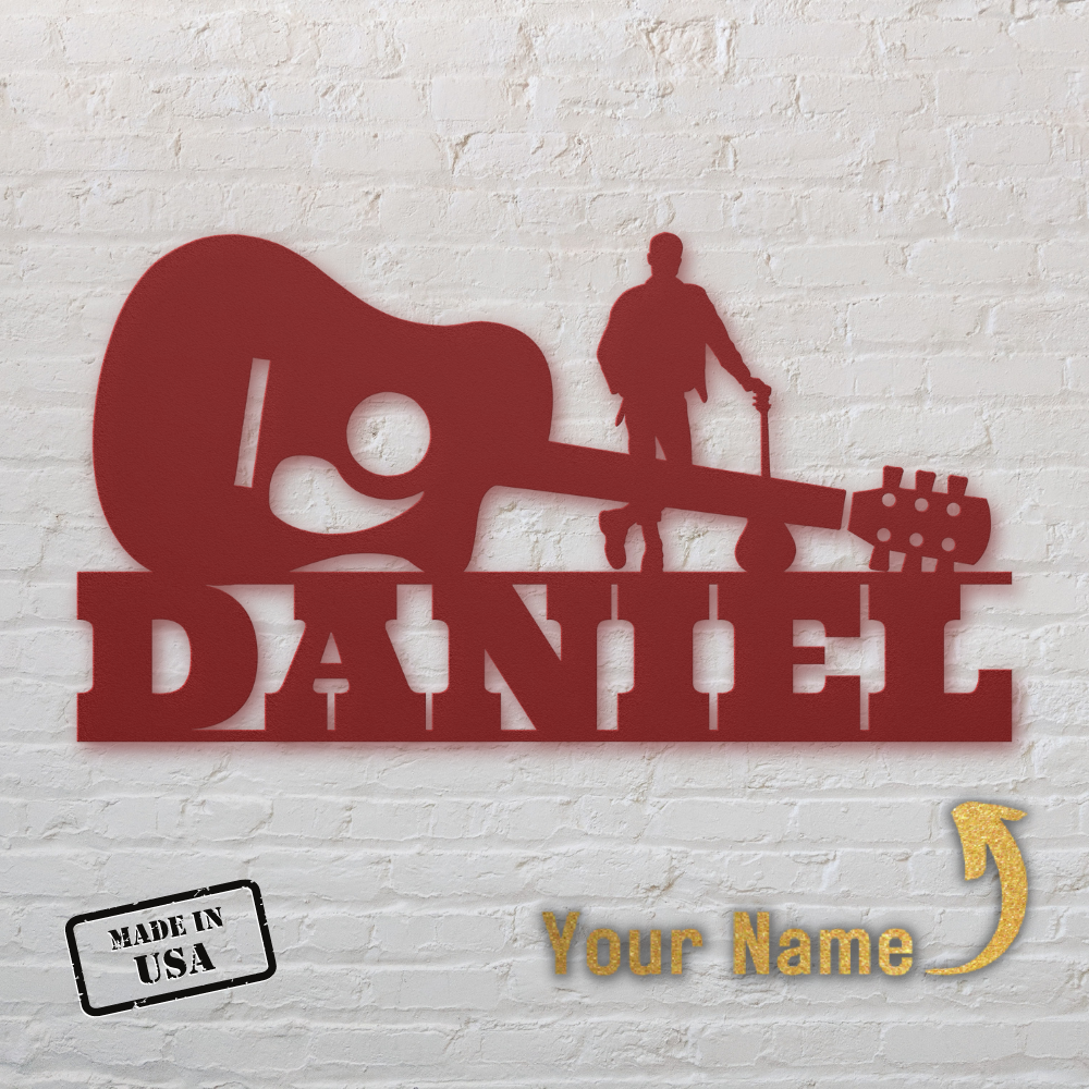 Customizable Acoustic Guitar with Guitarist Wall Sign featuring a silhouette of a firefighter with a hose and the personalized name "daniel" cut out, with a "made in usa" stamp and an area to indicate "your