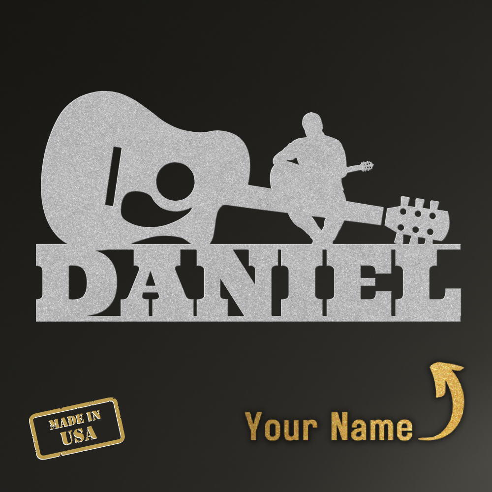 Custom Acoustic Guitar with Sitting Guitarist Wall Sign featuring the personalized name 'Daniel', proudly labeled as 'made in USA'.