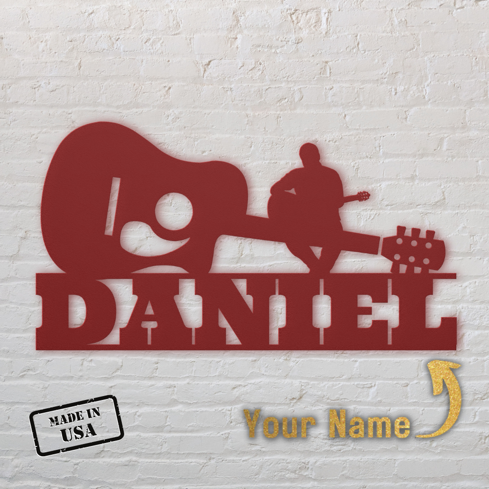 Personalized Acoustic Guitar with Sitting Guitarist Wall Sign Custom Name - perfect for music lovers and bedroom decor.