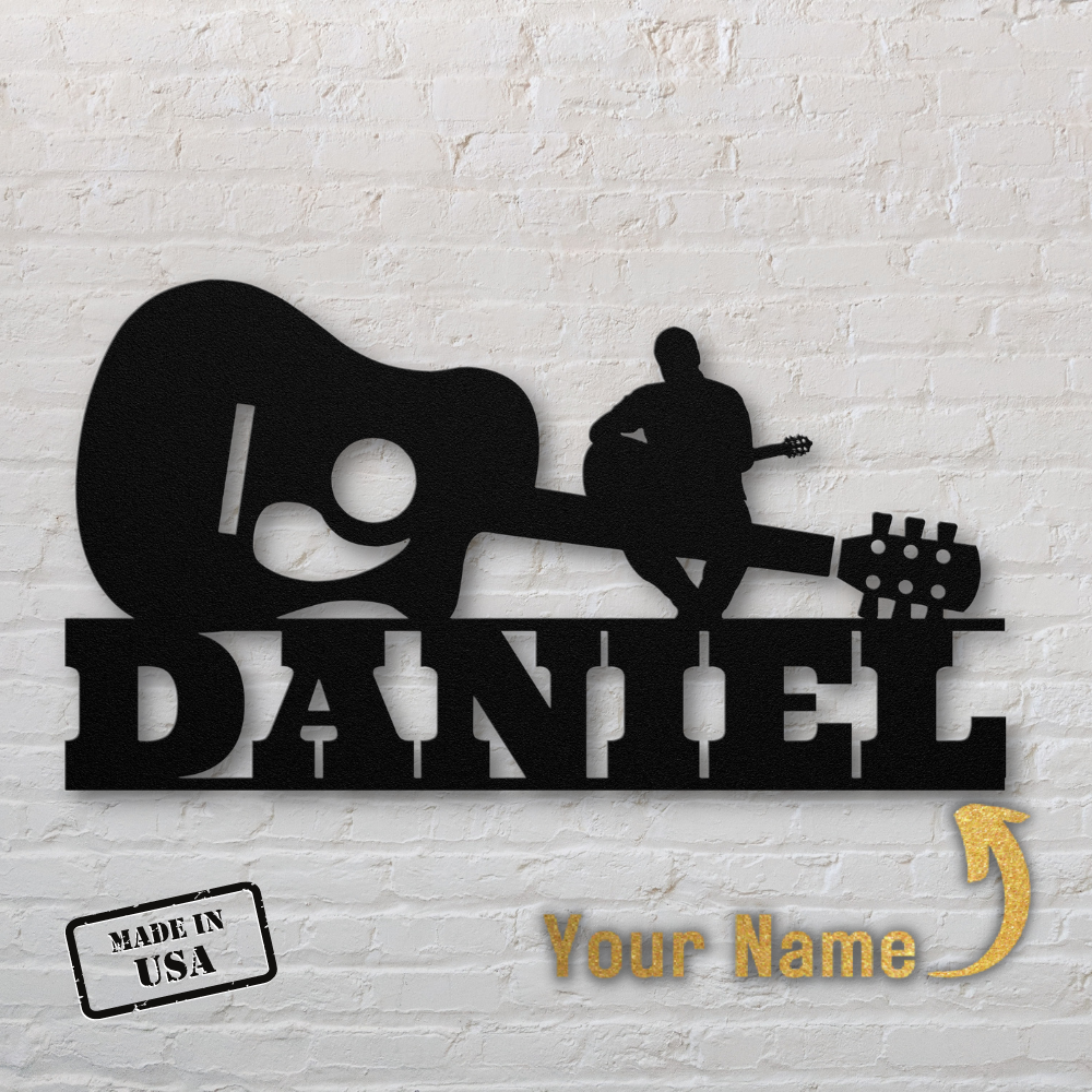 Personalized Acoustic Guitar with Sitting Guitarist Wall Sign Custom Name, ideal for music enthusiasts looking to add a unique touch to their room decor.