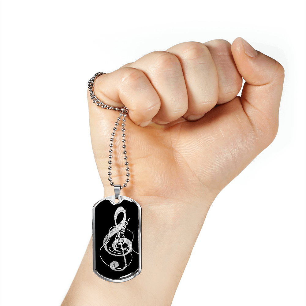 Dog Tag Necklace Black | G-clef Cutout | Guitar | Distressed