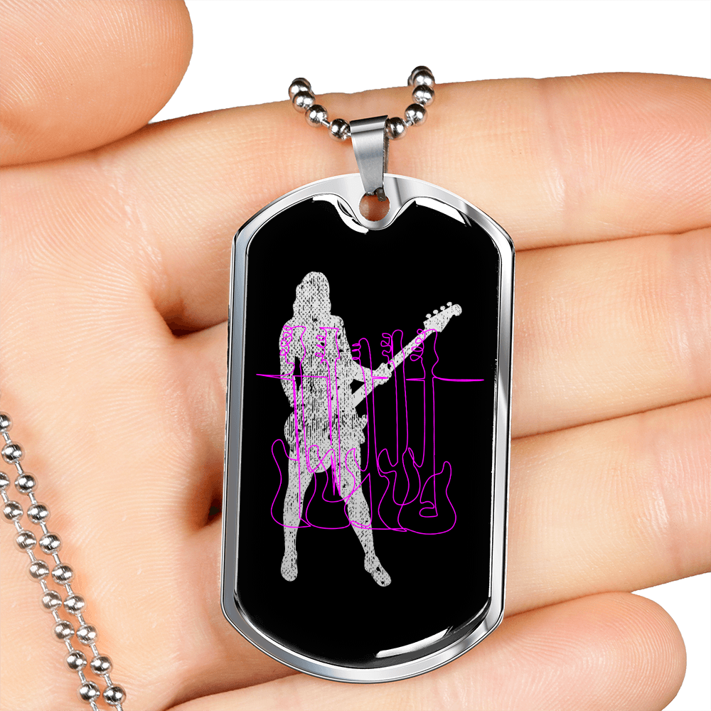 Dog Tag Black Necklace | Female Bassist Cutout | Pink Bass Guitars | Pink Bass Clef | Distressed