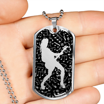 Dog Tag Necklace Black | Female Guitarist Cutout | Music Notes Cutout