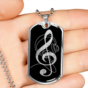 Dog Tag Necklace Black | G-clef Cutout | Headphones | Distressed