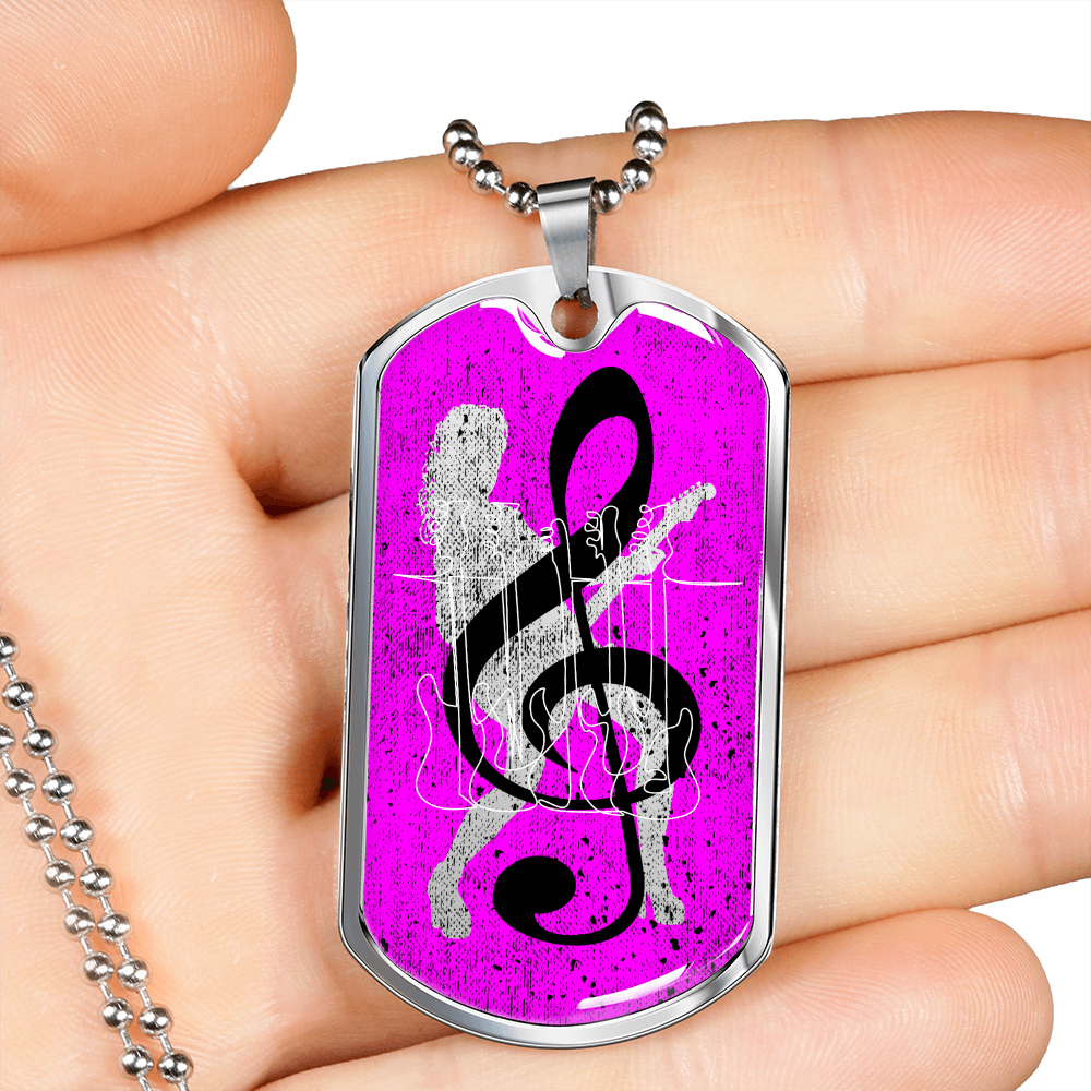 Dog Tag Necklace Pink | Female Guitarist Cutout | Bass Guitars | Black Clef