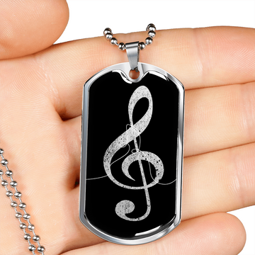 Dog Tag Necklace Black | G-clef Cutout | Music Notes | Distressed