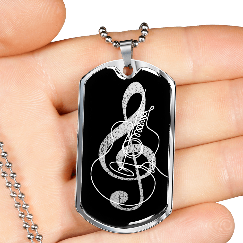 Dog Tag Necklace Black | G-clef Cutout | Guitar | Distressed