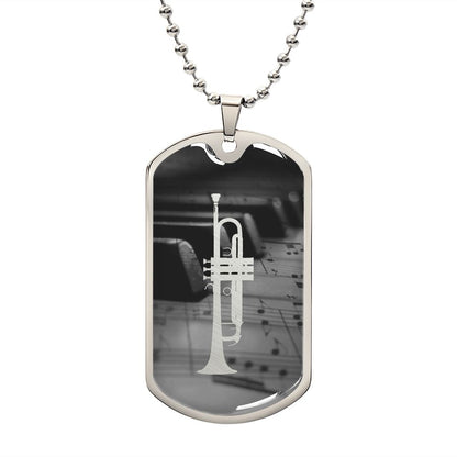 Dog Tag Necklace | Trumpet Cutout Piano Sheet Music Greyscale