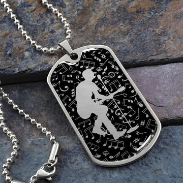 Dog Tag Necklace Black | Male Guitarist Cutout | Music Notes Cutout