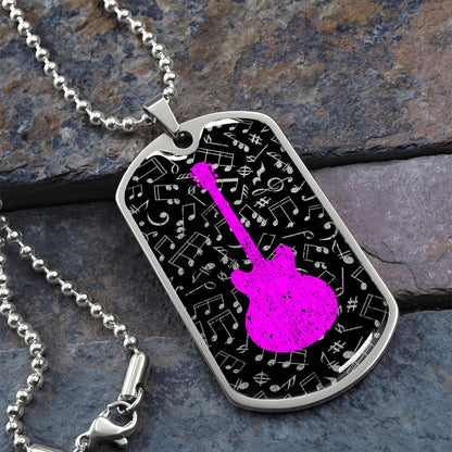 Dog Tag Necklace Black | Music Pattern Cutout  | Pink Guitar