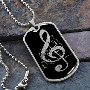 Dog Tag Necklace Black | G-clef Cutout | Grand Piano | Distressed