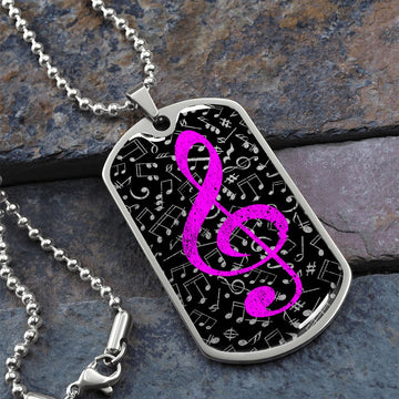 Dog Tag Necklace Black | Music Pattern Cutout  | Pink Clef
