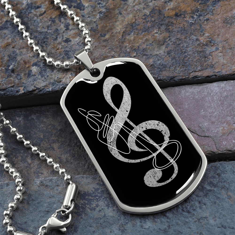 Dog Tag Necklace Black | G-clef Cutout | Trumpet | Distressed