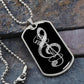 A Dog Tag Necklace Black featuring a G-clef cutout and vintage mic design with a distressed finish—an ideal gift for music lovers.