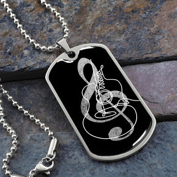 Dog Tag Necklace Black | G-clef Cutout | Guitar | Distressed
