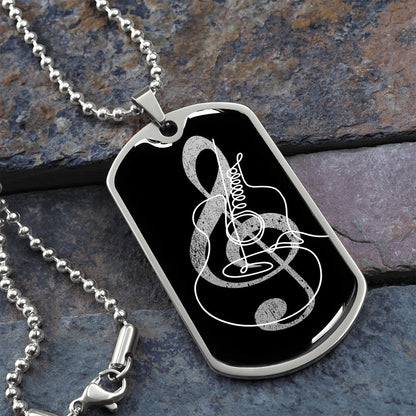 Dog Tag Necklace Black | G-clef Cutout | Guitar | Distressed