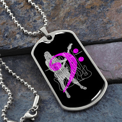 Dog Tag Necklace Black | Female Bassist Cutout | Bass Guitars | Pink Bass Clef | Distressed